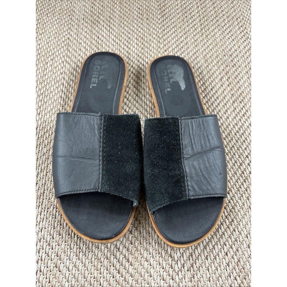 Sorel Ella II Block Suede Leather Slide Slip On Flat Sandal Black Women  6.5